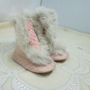 Antique Victorian Pink Silk Quilted Baby Boots with Rabbit Fur Trim soft soles